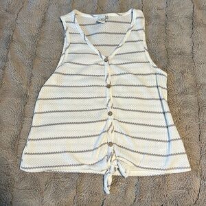 White with grey striped tank top. Little tie at the bottom
